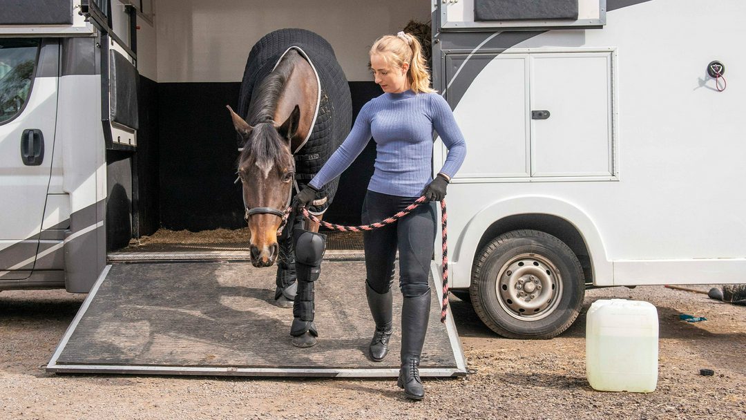 Woman leading horse off side-loading horsebox ramp