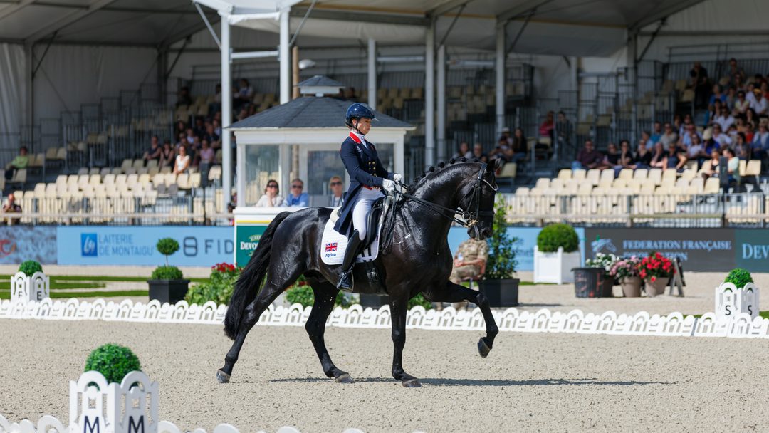 Lottie Fry riding Glamourdale in the grand prix at the Fontainebleau Nations Cup, in contention for the British dressage team at the 2026 World Championships
