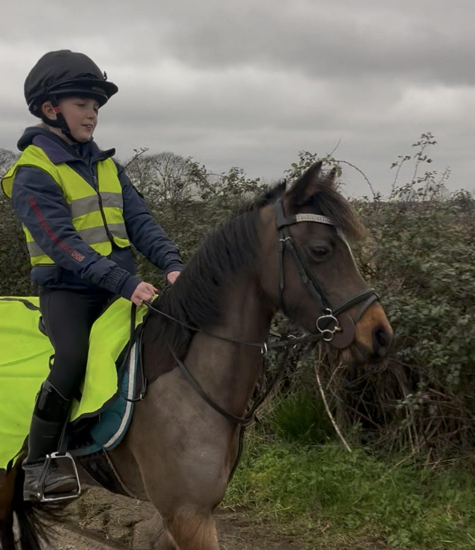 A young rider in high-vis on the road with a bay pony