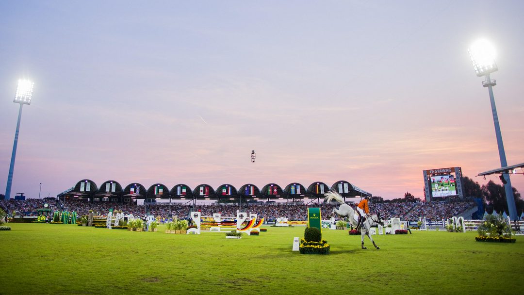 Large grass equestrian showjumping arena at Aachen
